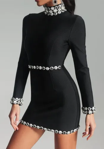 Sexy Fashion Slim Long Sleeve Bandage Beaded Women's Short Dress