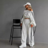 Fashion Casual Autumn Winter Sports Two-Piece Pullover Top High Waist Loose Trousers Set