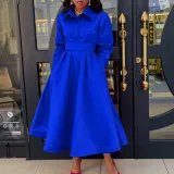 Women's Autumn Solid Color Turndown Collar Long Sleeve A-Line African Dress