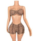Women leopard print sexy temptation suspenders and shorts Two Piece Set