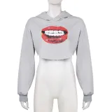 Women American Street Sports Long Sleeve Loose Big Red Lip Crop Hoodies