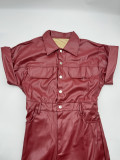 Casual Short Sleeve Button Leather Jumpsuit