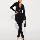 Women Autumn Winter Fashion Long Sleeve Round Neck Zipper Top Slim Trousers Two Piece Set