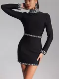Sexy Fashion Slim Long Sleeve Bandage Beaded Women's Short Dress