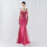 Sexy Strap Rhinestone Chain Fishbone Lace Evening Dress