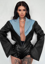 Women's Autumn Winter Turndown Collar Leather Denim Patchwork Jacket Short Coat