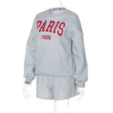 Letter Printed Autumn Winter Women's Long Sleeve Round Neck Top Shorts Fashion Casual Two Piece Set