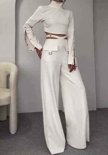 Autumn High-Neck Solid Color Crop Top Loose Wide-Leg Pants Two Piece Set