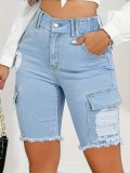 Pocket Ripped Slim Fit Denim Mid-Length Pants Solid Color Summer Street Jeans