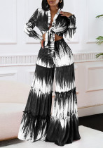 Women's Printed Lace-Up Long Sleeve Top High Waist Wide Leg Pants Casual Two Piece Set
