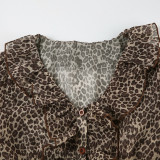 Women Sexy Ruffle Edge V Neck Animal Print Bell Bottom Sleeve Top