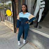 Autumn Contrast Color Zipper Patchwork Top Tight Fitting Pants Sports Two-Piece Set