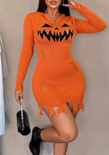 Women's Autumn Winter Solid Color Hooded Halloween Fashion Tight Fitting Dress