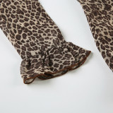 Women Sexy Ruffle Edge V Neck Animal Print Bell Bottom Sleeve Top