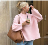 Women Loose-Cut Winter Pink Round Neck Casual Sweater