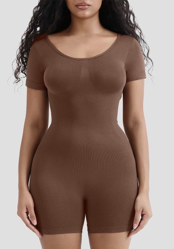 Women's Body Fitted Slim Waist Short Sleeve Slimming Jumpsuit Seamless Jumpsuit