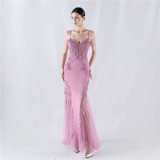 Sexy Strap Rhinestone Chain Fishbone Lace Evening Dress
