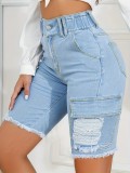 Pocket Ripped Slim Fit Denim Mid-Length Pants Solid Color Summer Street Jeans