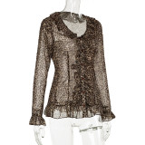 Women Sexy Ruffle Edge V Neck Animal Print Bell Bottom Sleeve Top