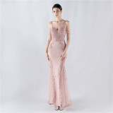 Sexy Strap Rhinestone Chain Fishbone Lace Evening Dress
