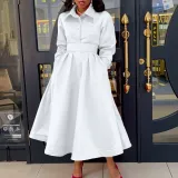Women's Autumn Solid Color Turndown Collar Long Sleeve A-Line African Dress