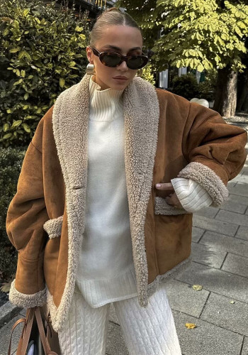Autumn Winter Women's Woolen Coat Turndown Collar Loose Fur Fleece Jacket