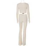 Women Autumn Winter Fashion Long Sleeve Round Neck Zipper Top Slim Trousers Two Piece Set