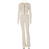 Women Autumn Winter Fashion Long Sleeve Round Neck Zipper Top Slim Trousers Two Piece Set