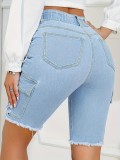 Pocket Ripped Slim Fit Denim Mid-Length Pants Solid Color Summer Street Jeans