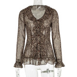 Women Sexy Ruffle Edge V Neck Animal Print Bell Bottom Sleeve Top
