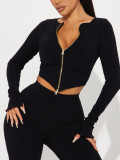 Women Autumn Winter Fashion Long Sleeve Round Neck Zipper Top Slim Trousers Two Piece Set