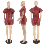 Casual Short Sleeve Button Leather Jumpsuit
