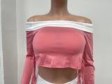 Women Off Shoulder Long Sleeve Contrast Crop Top and Skirt Two-Piece Set