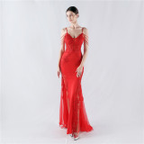 Sexy Strap Rhinestone Chain Fishbone Lace Evening Dress
