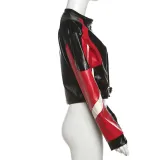 Autumn Winter Women's Fashion Contrast Slim Round Neck Pu Leather Jacket Coat