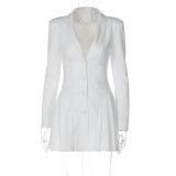 Women Solid Long Sleeve Pleated Sexy V Neck Blazer Dress