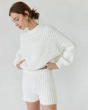 Fashion Autumn Winter Knitting Round Neck Long Sleeve Loose Casual Two-Piece Shorts Set