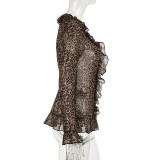 Women Sexy Ruffle Edge V Neck Animal Print Bell Bottom Sleeve Top