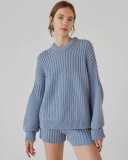 Fashion Autumn Winter Knitting Round Neck Long Sleeve Loose Casual Two-Piece Shorts Set