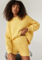 Fashion Autumn Winter Knitting Round Neck Long Sleeve Loose Casual Two-Piece Shorts Set