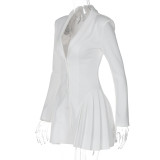 Women Solid Long Sleeve Pleated Sexy V Neck Blazer Dress
