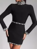 Sexy Fashion Slim Long Sleeve Bandage Beaded Women's Short Dress