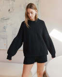 Fashion Autumn Winter Knitting Round Neck Long Sleeve Loose Casual Two-Piece Shorts Set