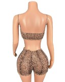 Women leopard print sexy temptation suspenders and shorts Two Piece Set
