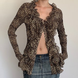 Women Sexy Ruffle Edge V Neck Animal Print Bell Bottom Sleeve Top