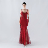 Sexy Strap Rhinestone Chain Fishbone Lace Evening Dress