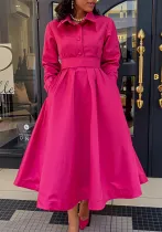 Women's Autumn Solid Color Turndown Collar Long Sleeve A-Line African Dress