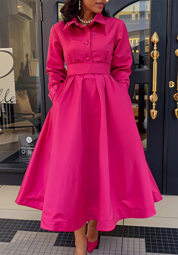 Women's Autumn Solid Color Turndown Collar Long Sleeve A-Line African Dress