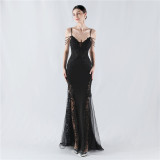 Sexy Strap Rhinestone Chain Fishbone Lace Evening Dress