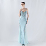 Sexy Strap Rhinestone Chain Fishbone Lace Evening Dress